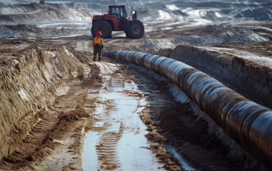 Worker in safety gear overseeing pipeline installation at a rugged construction site, with heavy machinery and excavated trenches visible in the background.