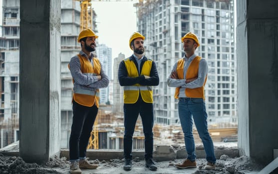 Three construction engineers in safety gear observing a building site, with high-rise structures and a crane visible in the background.