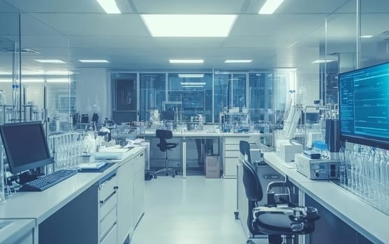 High-tech research laboratory with advanced equipment, computer monitors, and glassware, showcasing a sterile environment for scientific experiments.