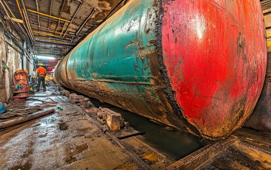 Large colorful pipeline in underground tunnel with worker in background, showcasing infrastructure maintenance and industrial engineering.