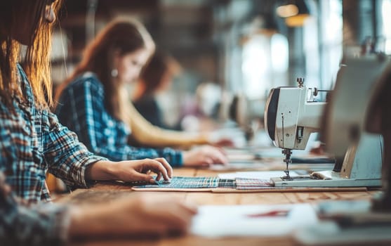 Women working at sewing machines in a textile workshop, focusing on fabric patterns, showcasing craftsmanship in the fashion industry.