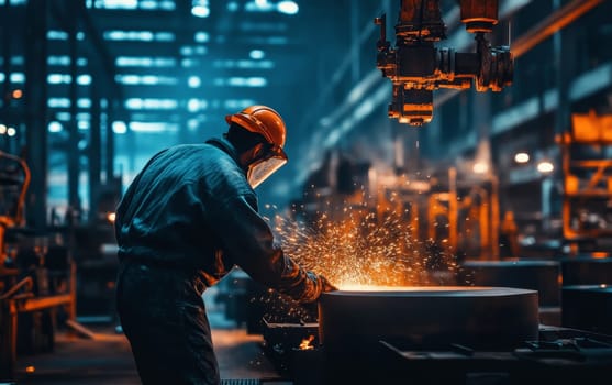 Welder working on metal construction in dimly lit industrial setting, with bright sparks flying, showcasing skilled labor and manufacturing processes.
