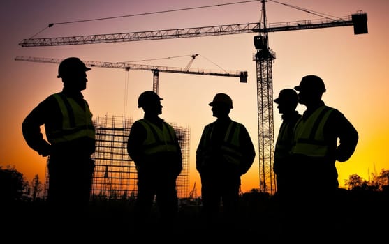 Silhouettes of construction workers against a vibrant sunset sky with cranes and scaffolding in the background, symbolizing progress and development.