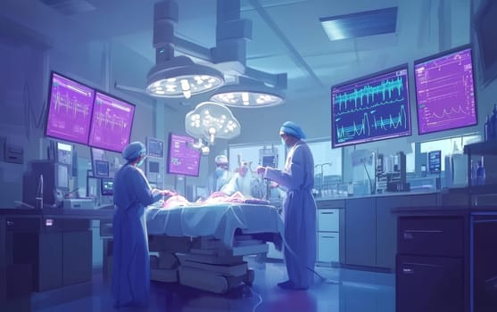 Modern operating theater with surgeons performing procedure, surrounded by high-tech medical equipment and large monitors displaying patient data.