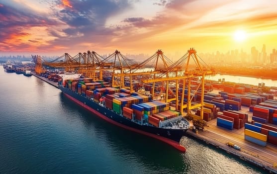 Aerial view of a bustling container port with cargo ships, colorful containers, and massive cranes silhouetted against a vibrant sunset sky and city skyline.