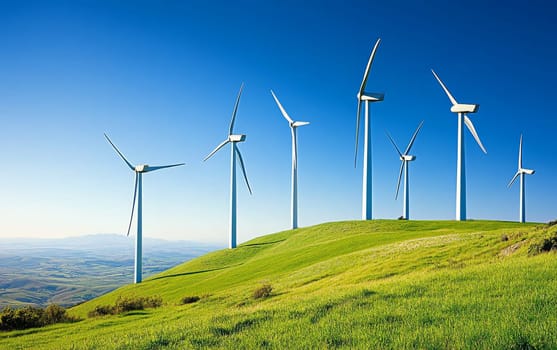 Majestic wind turbines standing tall on a lush green hillside against a clear blue sky, symbolizing clean and renewable energy production.