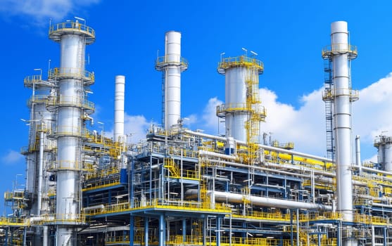 Massive oil refinery with tall white distillation columns and interconnected pipes against a bright blue sky, showcasing industrial energy production.