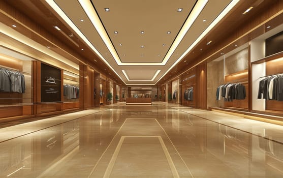 Elegant and spacious interior of a high-end men's clothing store with polished floors, wood paneling, and warm lighting showcasing designer suits and accessories.