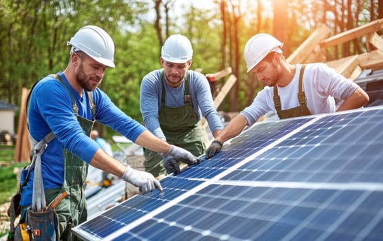 Three workers in safety gear installing solar panels on a roof, surrounded by green trees, illustrating renewable energy technology implementation.