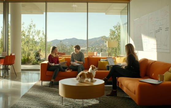 Stylish office interior with people working on orange sofas, large windows offering mountain views, and a dog, illustrating contemporary workplace design.
