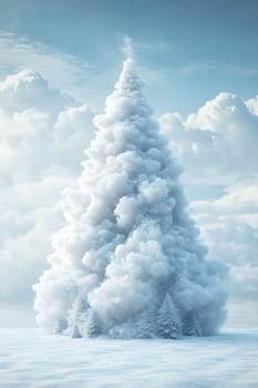 A tall, snow-covered Christmas tree stands majestically in a serene landscape, surrounded by fluffy white clouds on a crisp winter day. The tranquil scene evokes a festive atmosphere.
