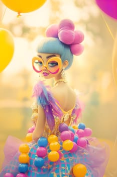 A vibrant princess character with blue hair and oversized glasses stands among colorful balloons.