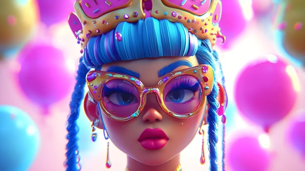 A fancy princess character stands confidently amid colorful balloons, wearing oversized sunglasses and a sparkling crown. Bright aesthetics create a joyful atmosphere.