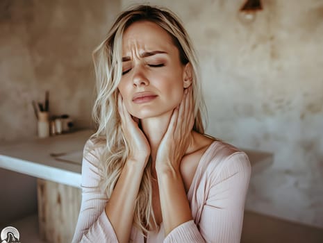A woman with long blonde hair holds her neck in discomfort, expressing pain in a serene indoor environment. Soft lighting and minimal decor suggest a peaceful atmosphere.