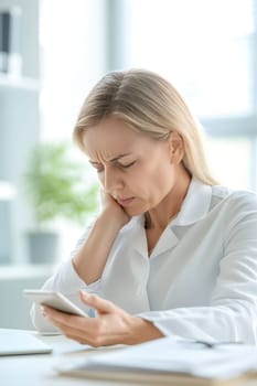 A woman sits at a table and holds her phone with one hand while the other hand supports her neck in discomfort due to text neck syndrome. Natural light filters through the window, illuminating room