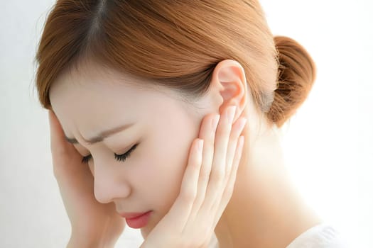 Young Asian woman is holding her head with both hands, showing signs of discomfort and stress. She appears to be resting indoors in a bright, softly lit space, focusing on relieving her headache.