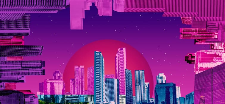 Downtown Miami cityscape view with condos and office buildings against blue sky. Collage