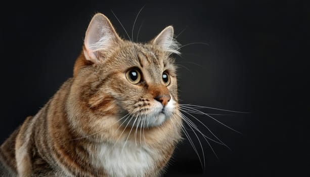 Cute tabby cat looking straight aside with large, expressive eyes isolated on dark background with copy space