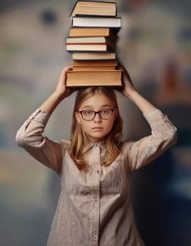 Overwhelmed student girl holding books pile over head. Tired of learning and too much homework pupil wears glasses and backpack looks confused