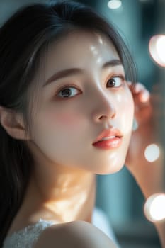 Portrait of a young beautiful Asian woman with sun reflection on her face looking into camera.