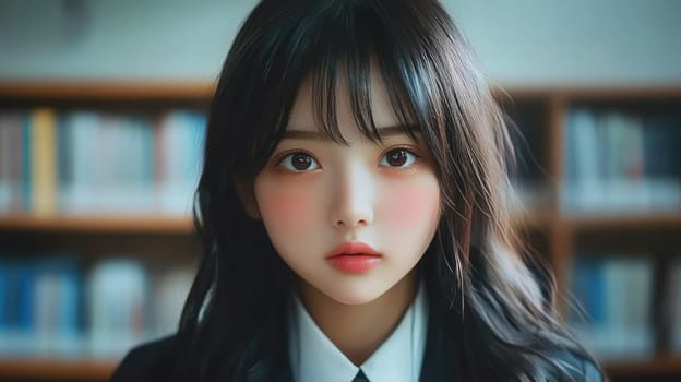 Anime style illustration of a beautiful Asian schoolgirl wearing uniform in classroom looking into camera. Back to school concept.