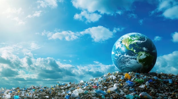 Earth globe in a landfill of plastic waste and garbage against blue sky. Environmental pollution ecology concept.