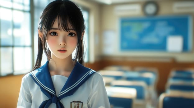Anime style illustration of a beautiful Asian schoolgirl wearing uniform in classroom looking into camera. Back to school concept.