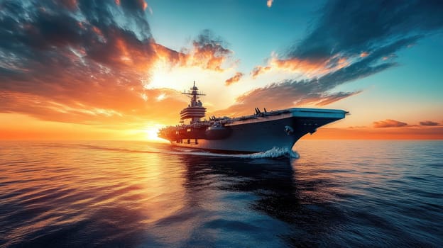 Aircraft carrier on the sea. Military warship with beautiful sunset at the background.