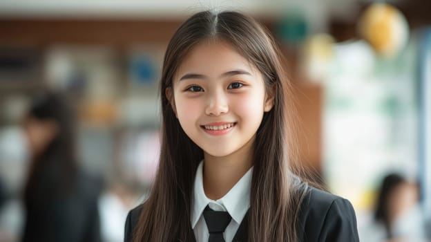 Beautiful smiling Asian teenage schoolgirl wearing uniform in classroom looking into camera. Back to school concept.