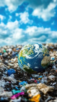 Earth globe in a landfill of plastic waste and garbage against blue sky. Environmental pollution ecology concept.