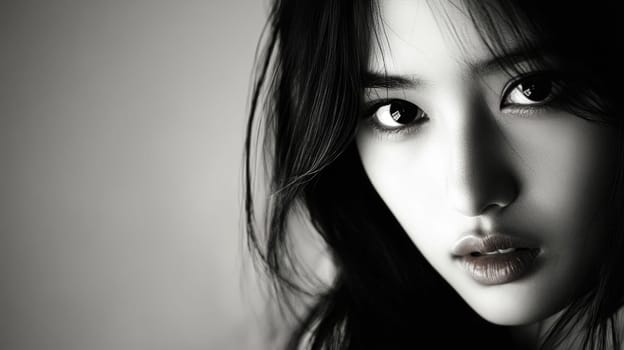 Black and white studio portrait of a young beautiful Asian woman on white background with copy space.