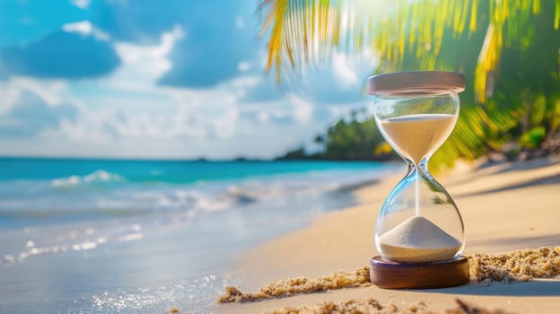 Hourglass on the tropical sandy beach with turquoise water and palm trees at the background.
