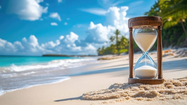 Hourglass on the tropical sandy beach with turquoise water and palm trees at the background.