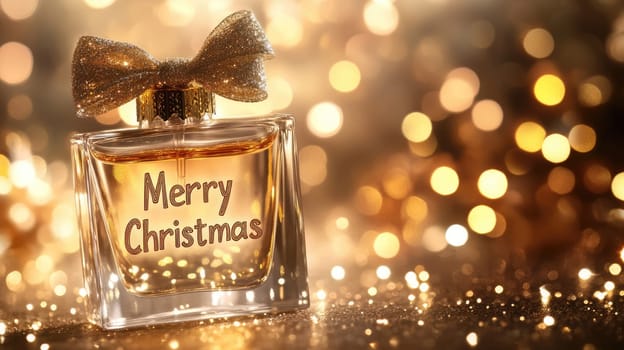 Transparent perfume bottle with Merry Christmas text and a bow on golden bokeh background with copy space. New Year gift.