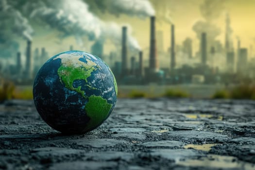Earth globe on the polluted ground with factory smokestacks at the background. Environmental pollution ecology concept.