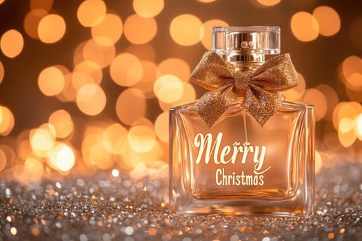 Transparent perfume bottle with Merry Christmas text and a bow on golden bokeh background with copy space. New Year gift.