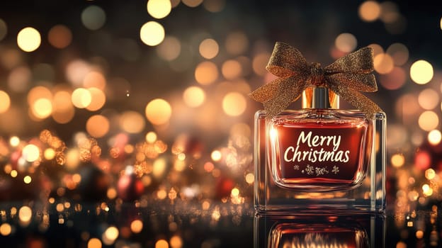 Transparent perfume bottle with Merry Christmas text and a bow on golden bokeh background with copy space. New Year gift.
