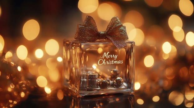Transparent perfume bottle with Merry Christmas text and a bow on golden bokeh background with copy space. New Year gift.