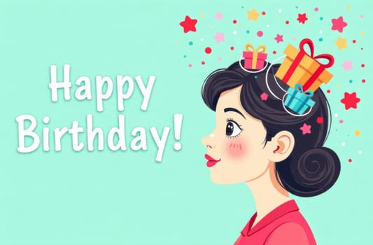 A joyful illustration features a young woman with a stylish hairdo, adorned with colorful gifts and festive elements, celebrating her birthday with a bright and cheerful expression.