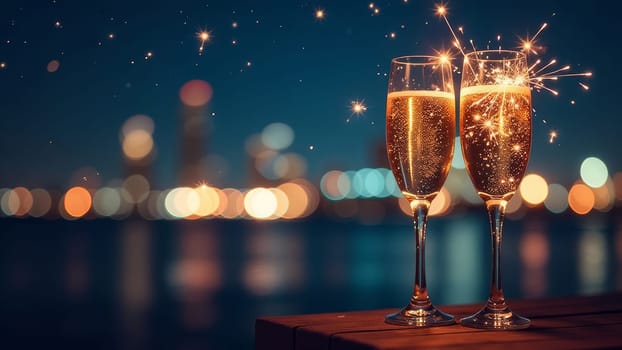 Two elegant champagne glasses filled with sparkling gold liquid are illuminated by sparklers. The background features a blurred city skyline at night, creating a festive atmosphere. Copy space