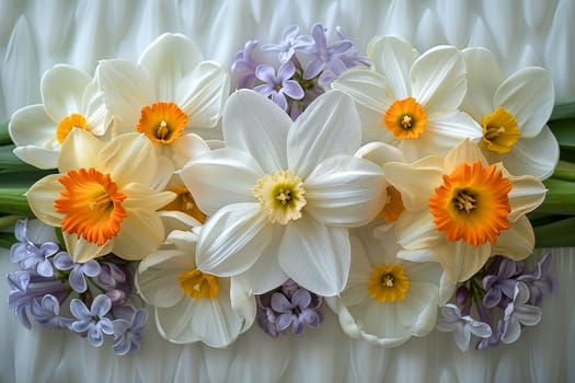A vibrant floral arrangement showcases white and orange daffodils surrounded by delicate lilacs. The composition highlights the interplay of colors in a spring display, celebrating nature's beauty.