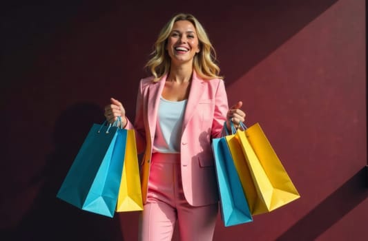 A confident woman in a pink suit smiles widely while holding colorful shopping bags. Bright colors illuminate her joyful expression, reflecting the excitement of a successful shopping trip.