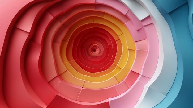 Intricate spiral formation featuring layered colors of red, pink, yellow, and blue creates a dynamic visual effect. The interplay of light and shadow enhances the depth of the textures.