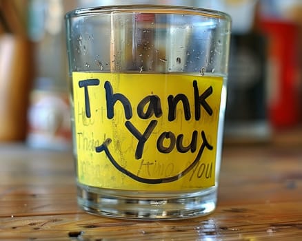 A glass filled with a bright yellow beverage is placed on a wooden table. The glass features a handwritten 'Thank You' note and a smiley face, creating a warm and inviting atmosphere.