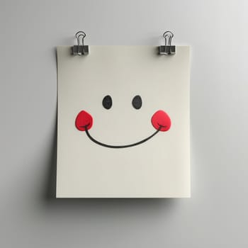 A cheerful smiley face is drawn on a sheet of paper, featuring round eyes and rosy cheeks. The paper is clipped to a light-colored wall, adding a touch of whimsy.