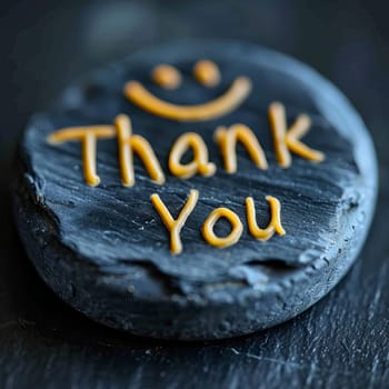 A round stone sits on a dark surface, featuring the words thank you carefully crafted in orange. A cheerful smiley face adds a friendly touch to the heartfelt message conveyed.