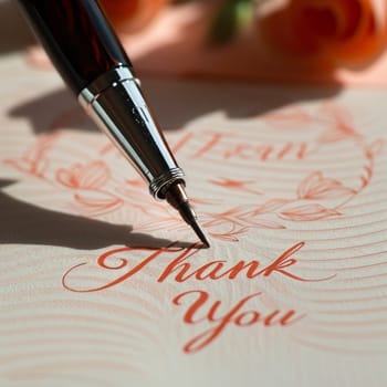 A thank you note is being elegantly written with a stylish pen. The soft background features delicate floral patterns, enhancing the warm and appreciative sentiment of the message.