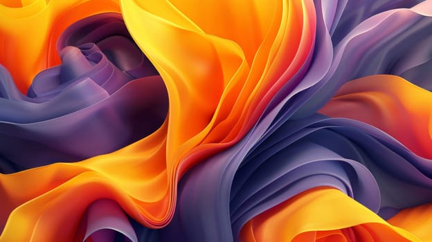 Swirling waves of orange, purple, and yellow create a vibrant abstract composition. The smooth texture and dynamic movement evoke energy and creativity in this lively artistic display.