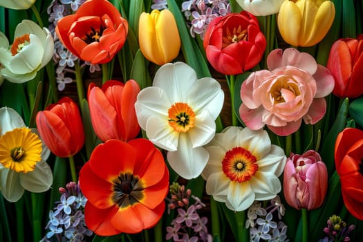 A beautiful collection of vibrant flowers showcases various colors and shapes, highlighting tulips, daffodils, and roses.