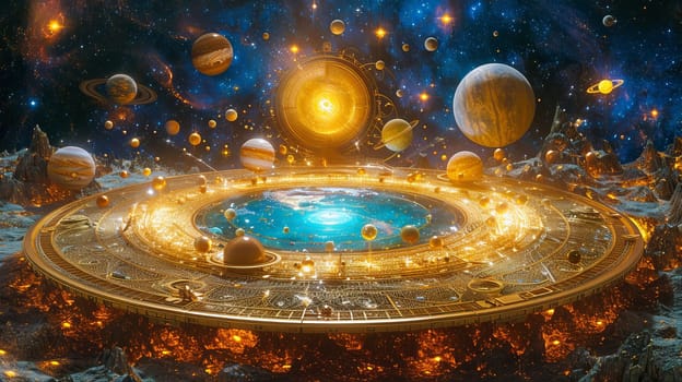 A majestic cosmic landscape showcases numerous planets orbiting around a radiant sun. The vibrant colors and detailed textures create an awe-inspiring view of the universe's beauty and complexity.